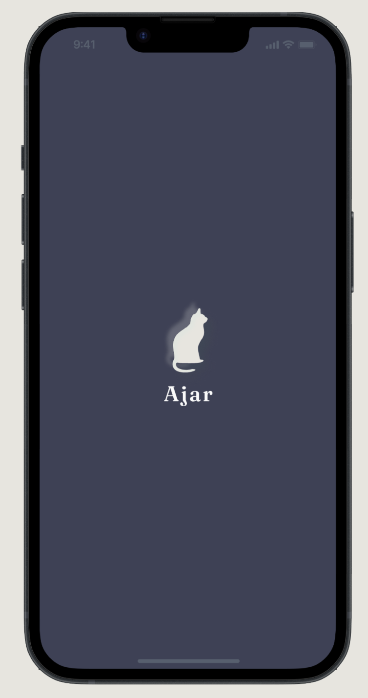 Ajar app splash screen on an iPhone, showing a sitting cat silhouette above the app name