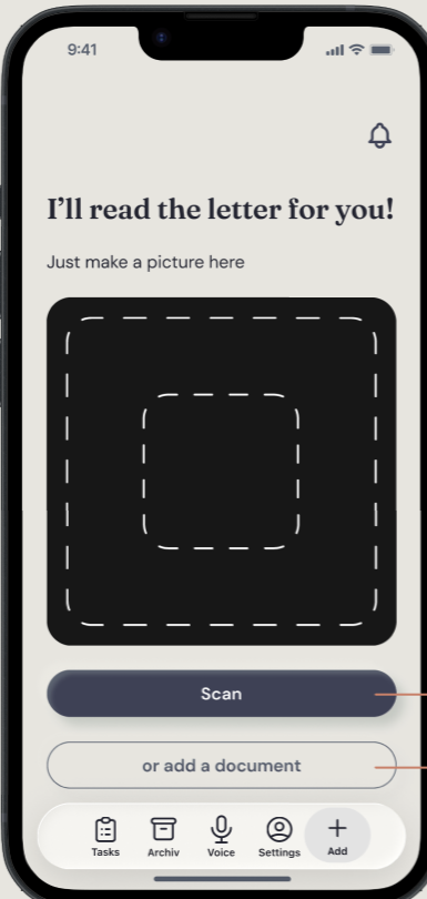 App-Screen: Foto-Scan Aufforderung mit Scan-Button