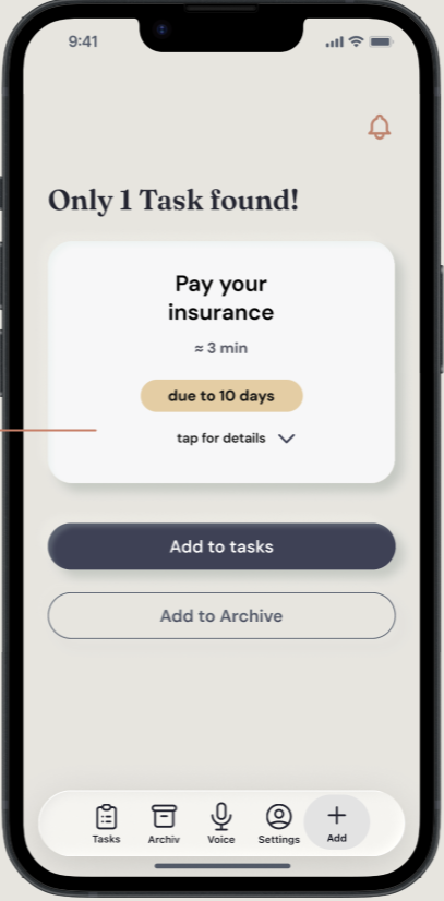 App-Screen: erkannte Aufgabe „Pay your insurance