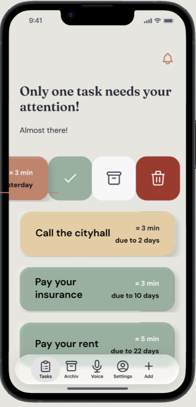 App-Screen: Aufgabenliste mit Swipe-Aktionen (erledigen, archivieren, löschen)